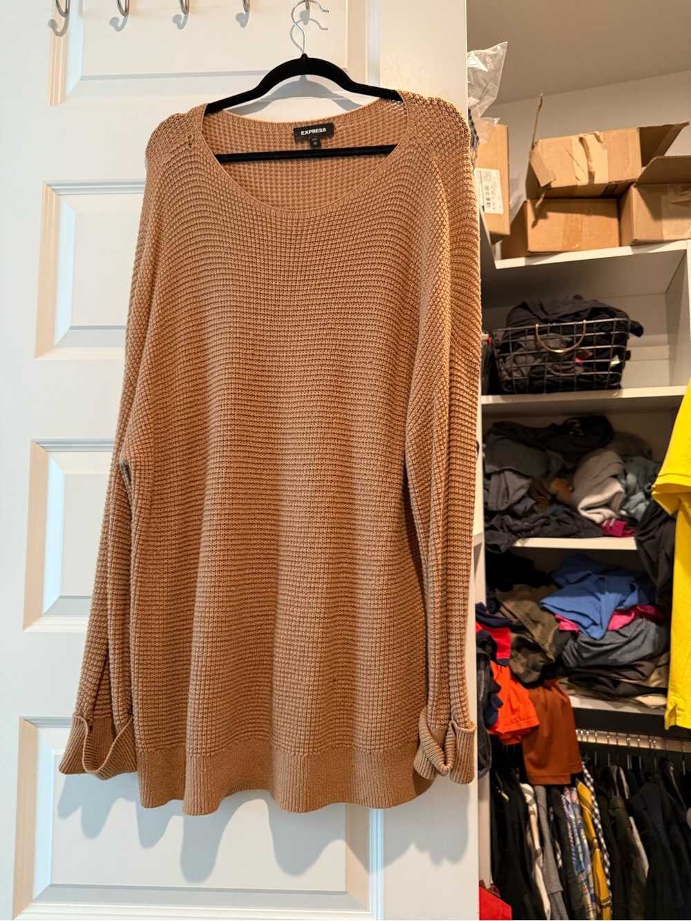Express Women's Camel Brown Waffle-Knit Scoop Neck Sweater